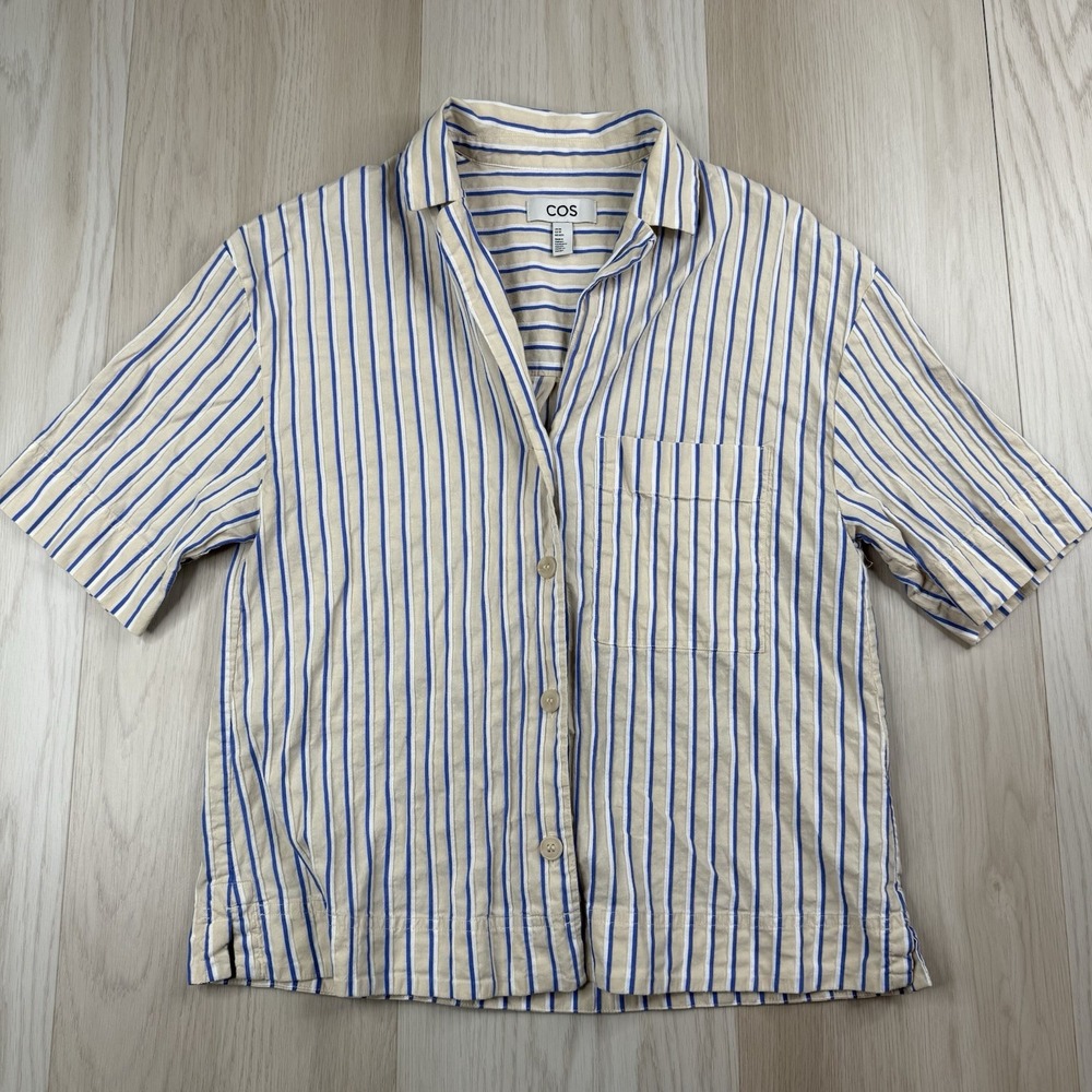 COS Striped Line Blend Camp Collar Short Sleeve Button Shirt Womens Size XS